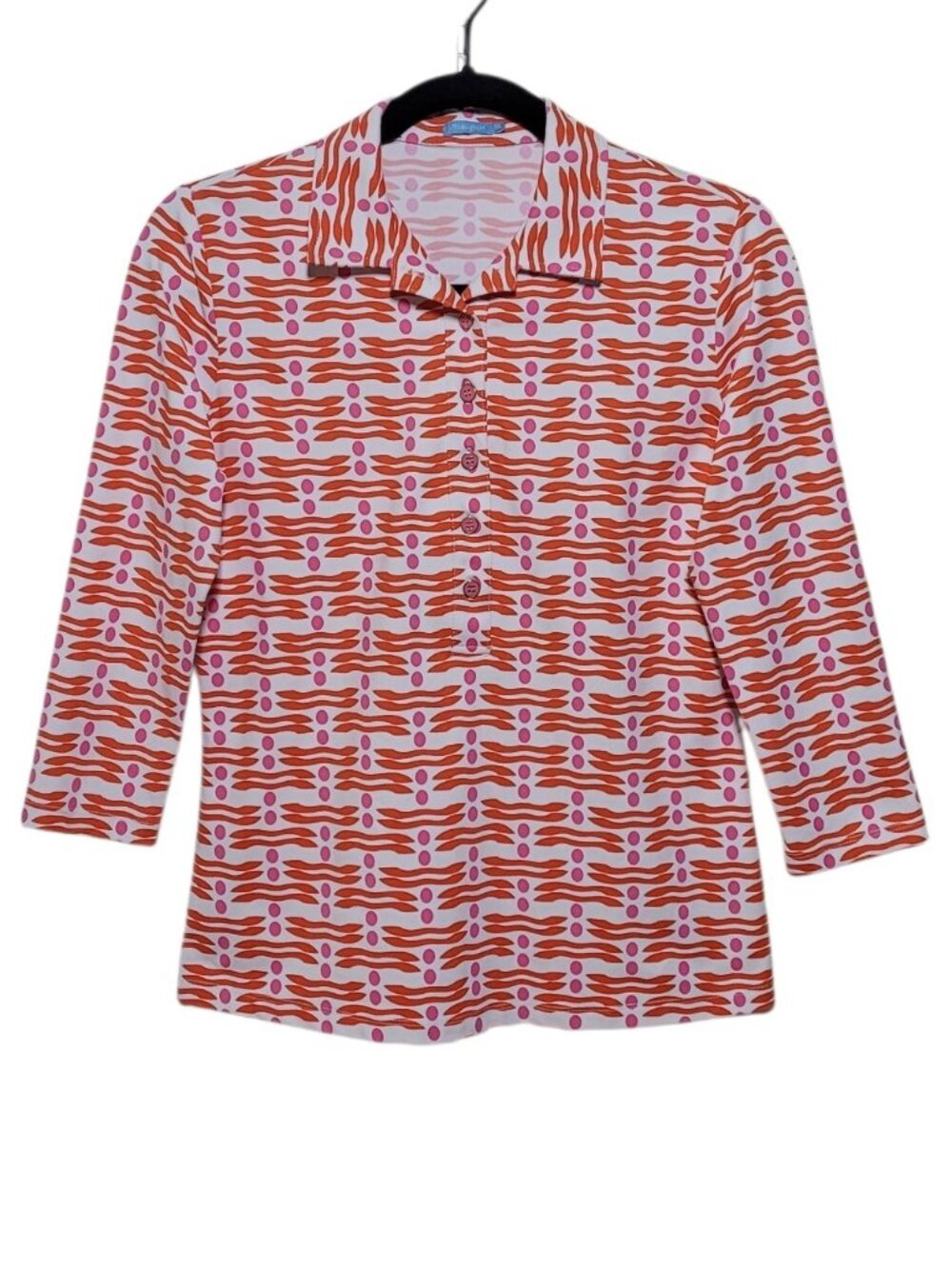 J McLaughlin Court Polo Sahara Top Orange Pink Geometric 3/4 Sleeve XS Preppy